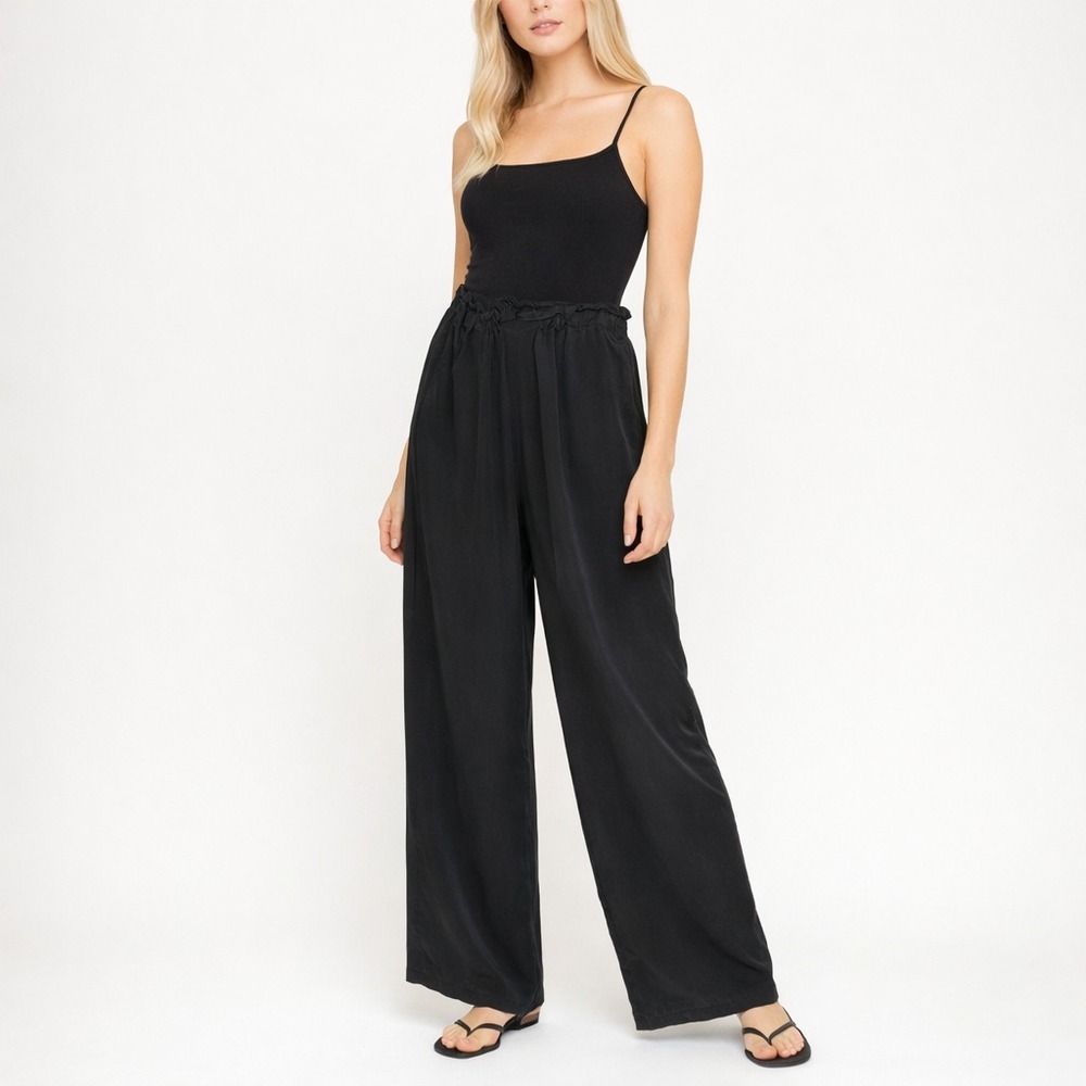 Fu Da Fine Silk Pants Black Wide Leg Elastic Waist Luxe Flowy Relaxed Fit SZ Med